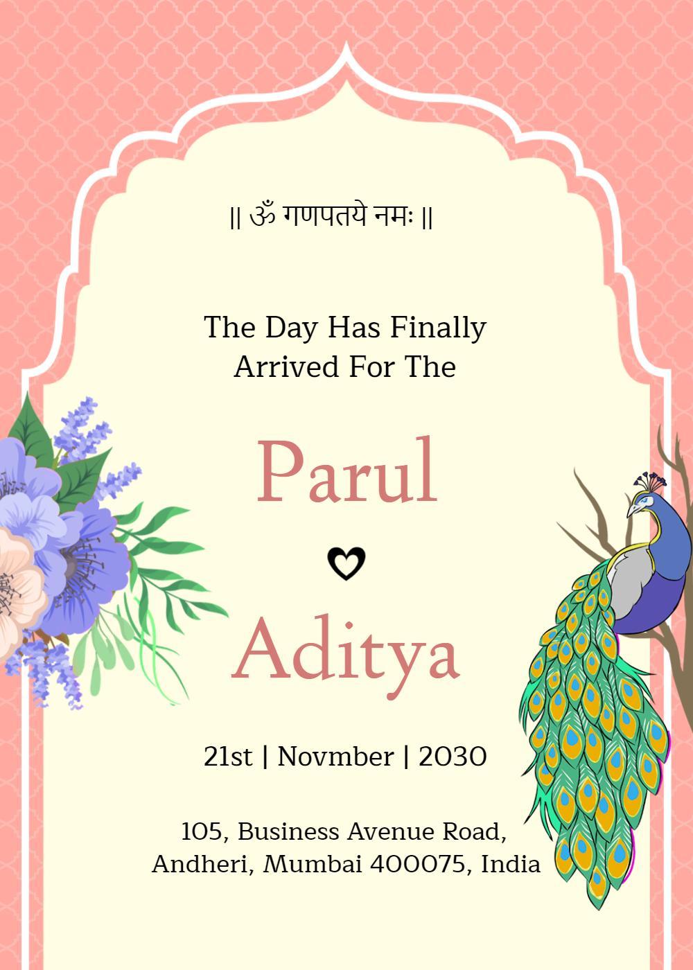Vibrant Peacock Theme Indian Wedding Ceremony Invitation Template