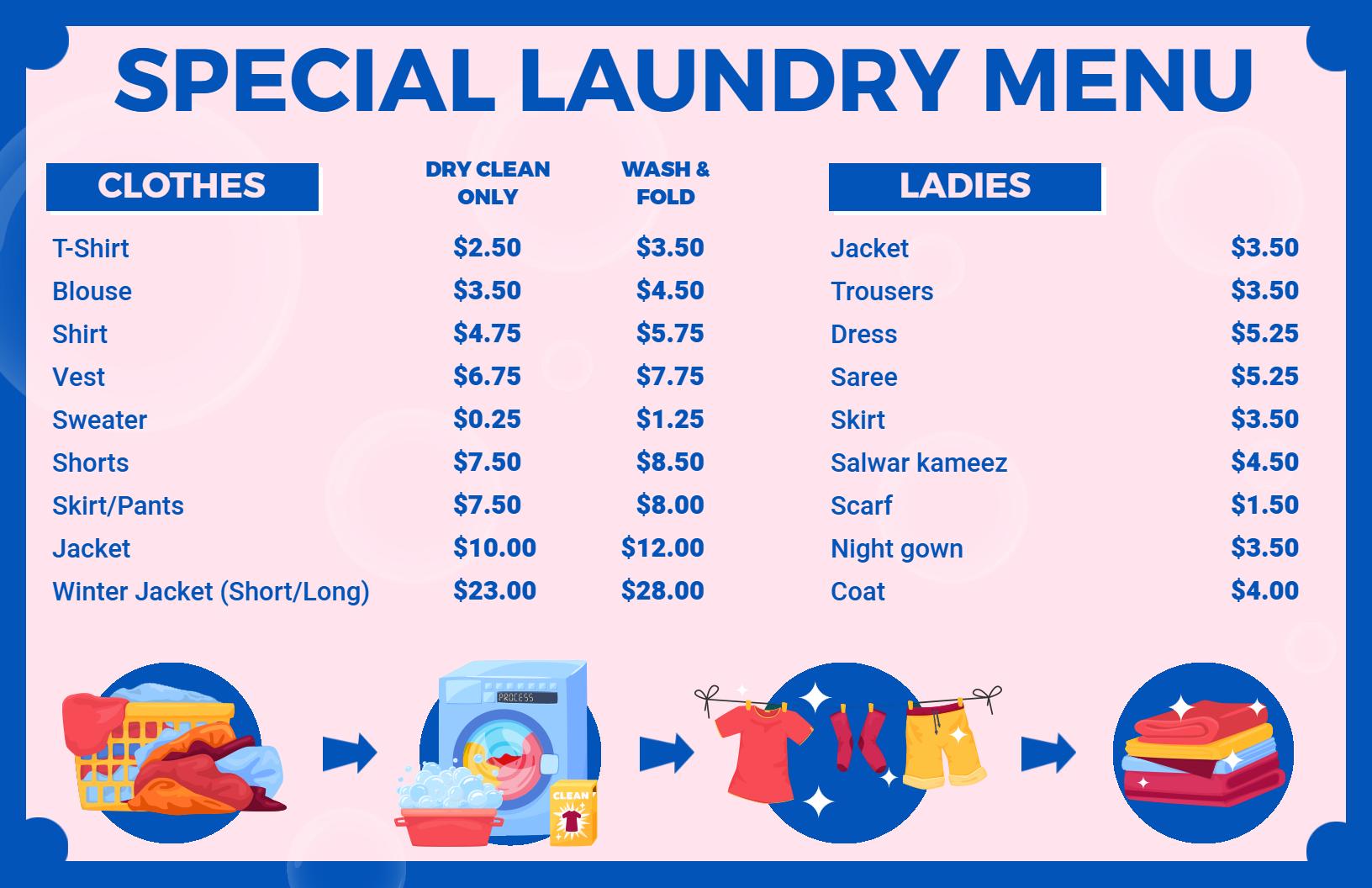 Vibrant Pink and Blue Laundry Service Pricing Menu Template