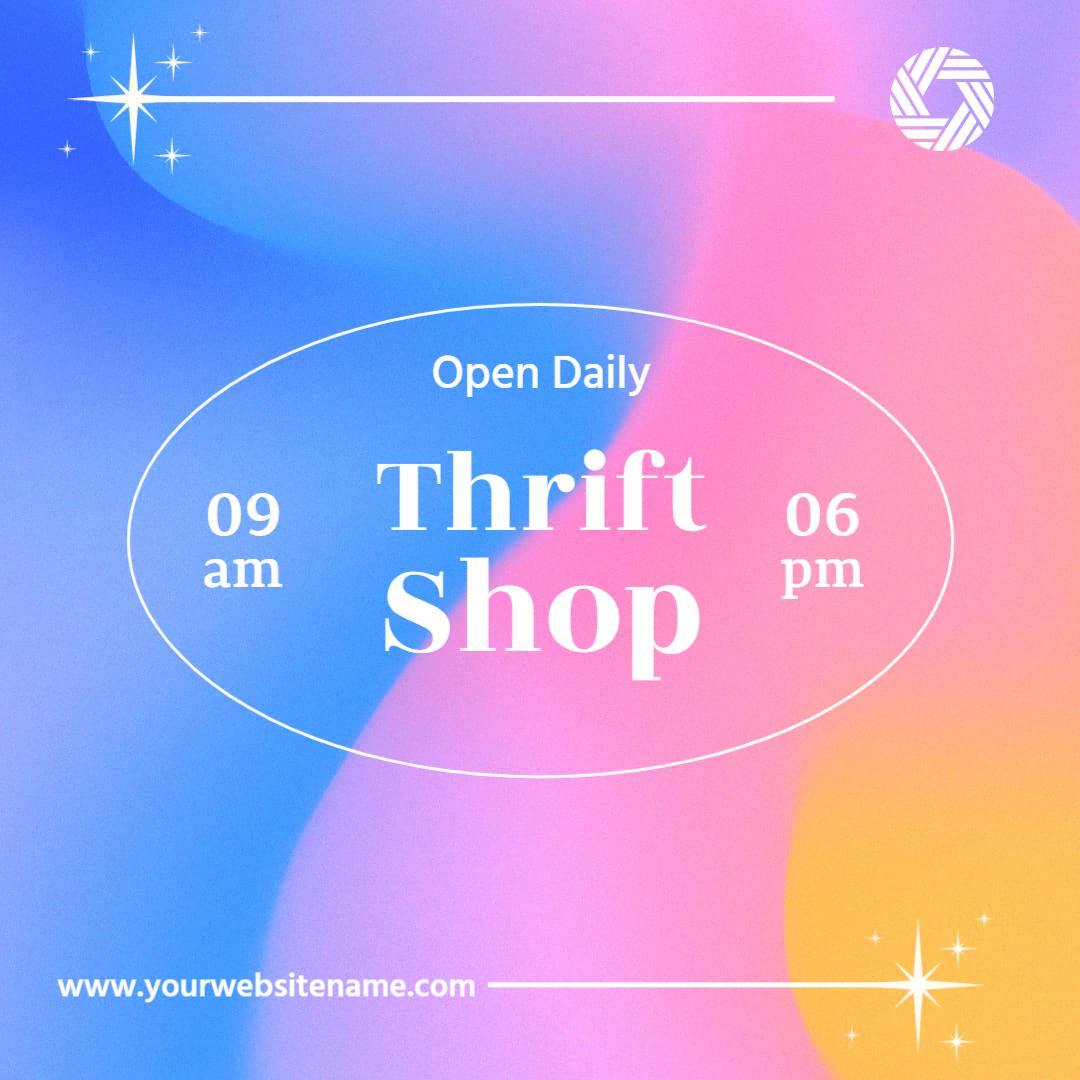 Vibrant Pink and Blue Thrift Shop Daily Hours Ad Template