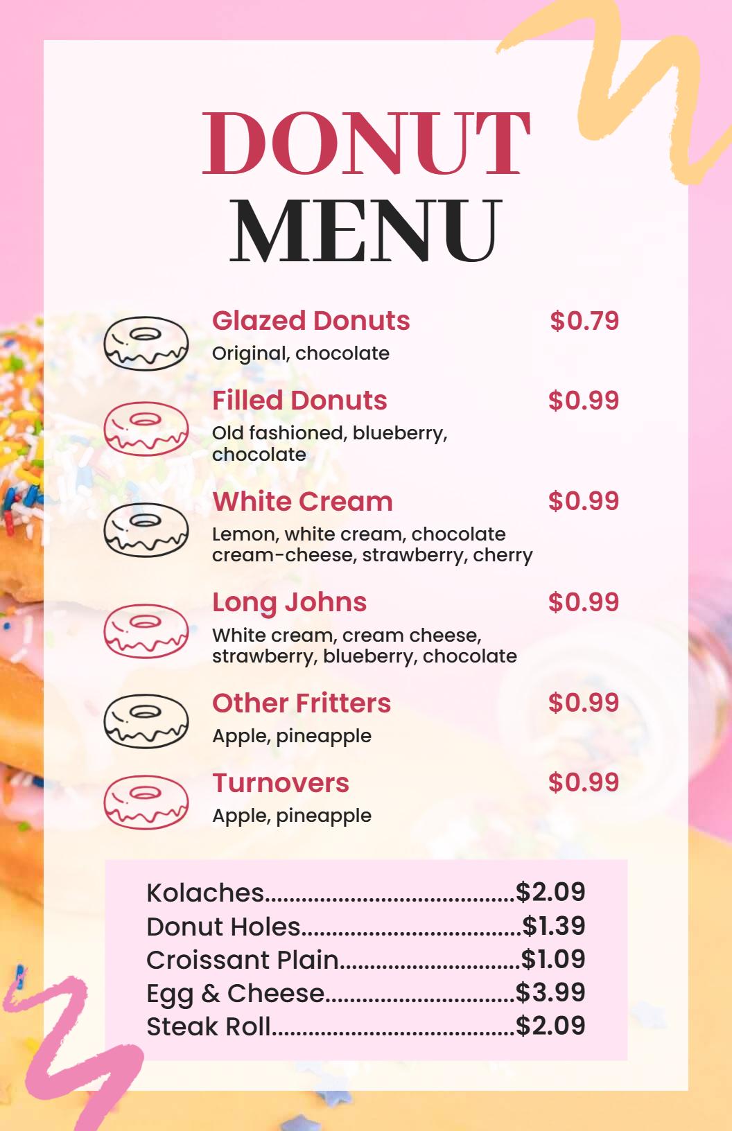 Vibrant Pink and Yellow Donut Menu Template