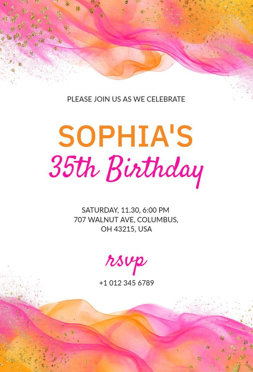 Vibrant Pink Gold Wave 35th Birthday Celebration Invitation Template