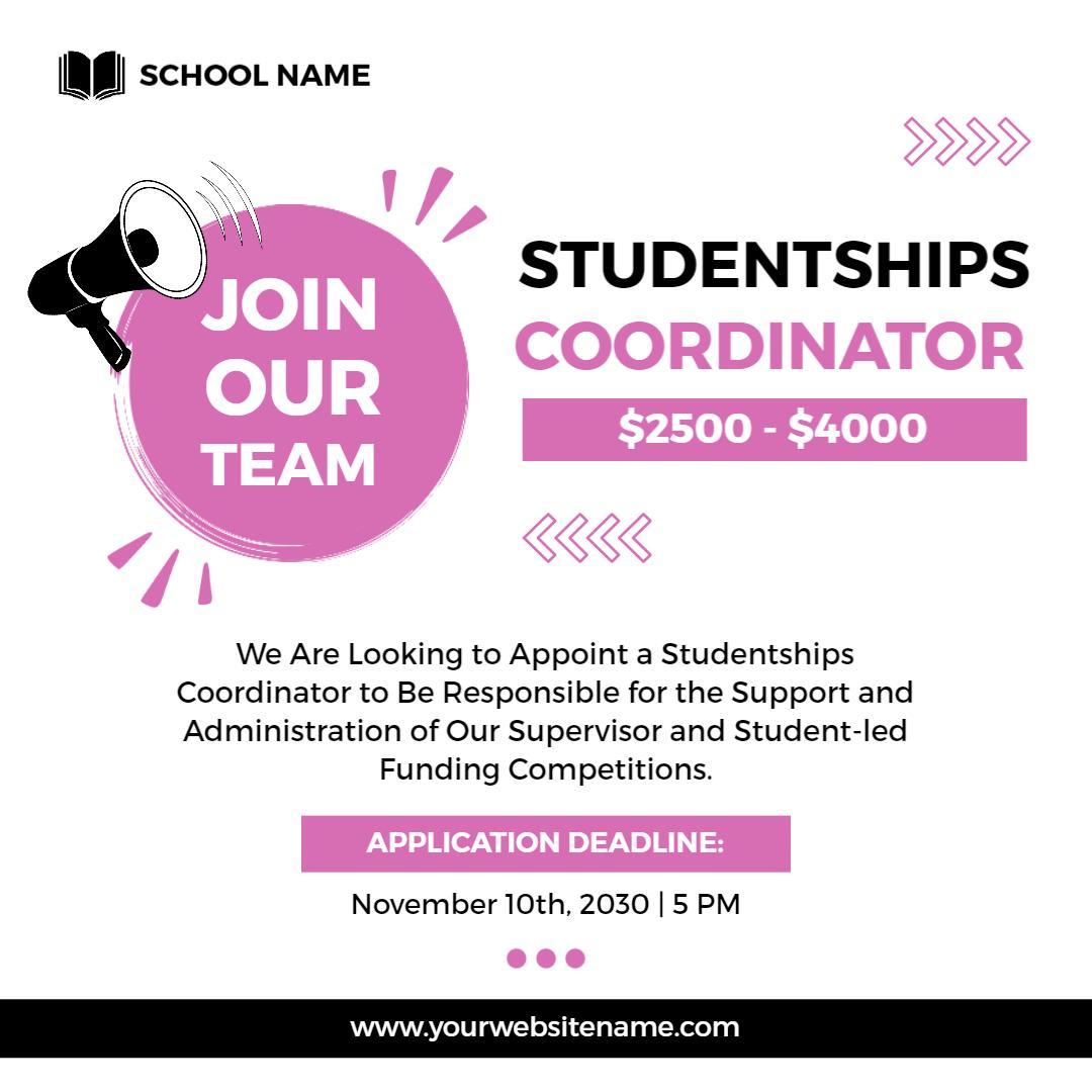 Vibrant Pink Join Our Team for Student Coordinator Position Ad Template