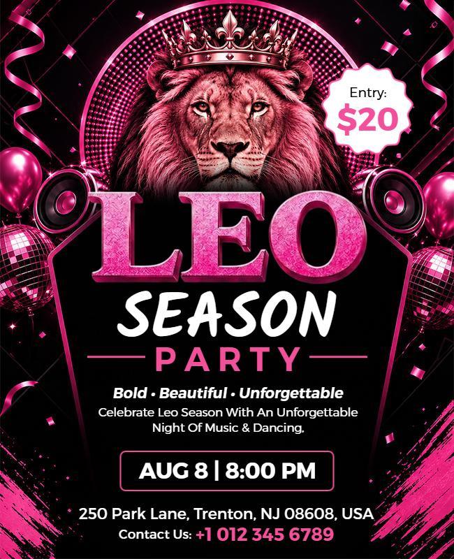 Vibrant Pink Leo Season Party Celebration Flyer Template