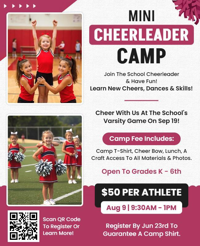 Vibrant Pink Mini Cheerleader Camp Registration Flyer Template
