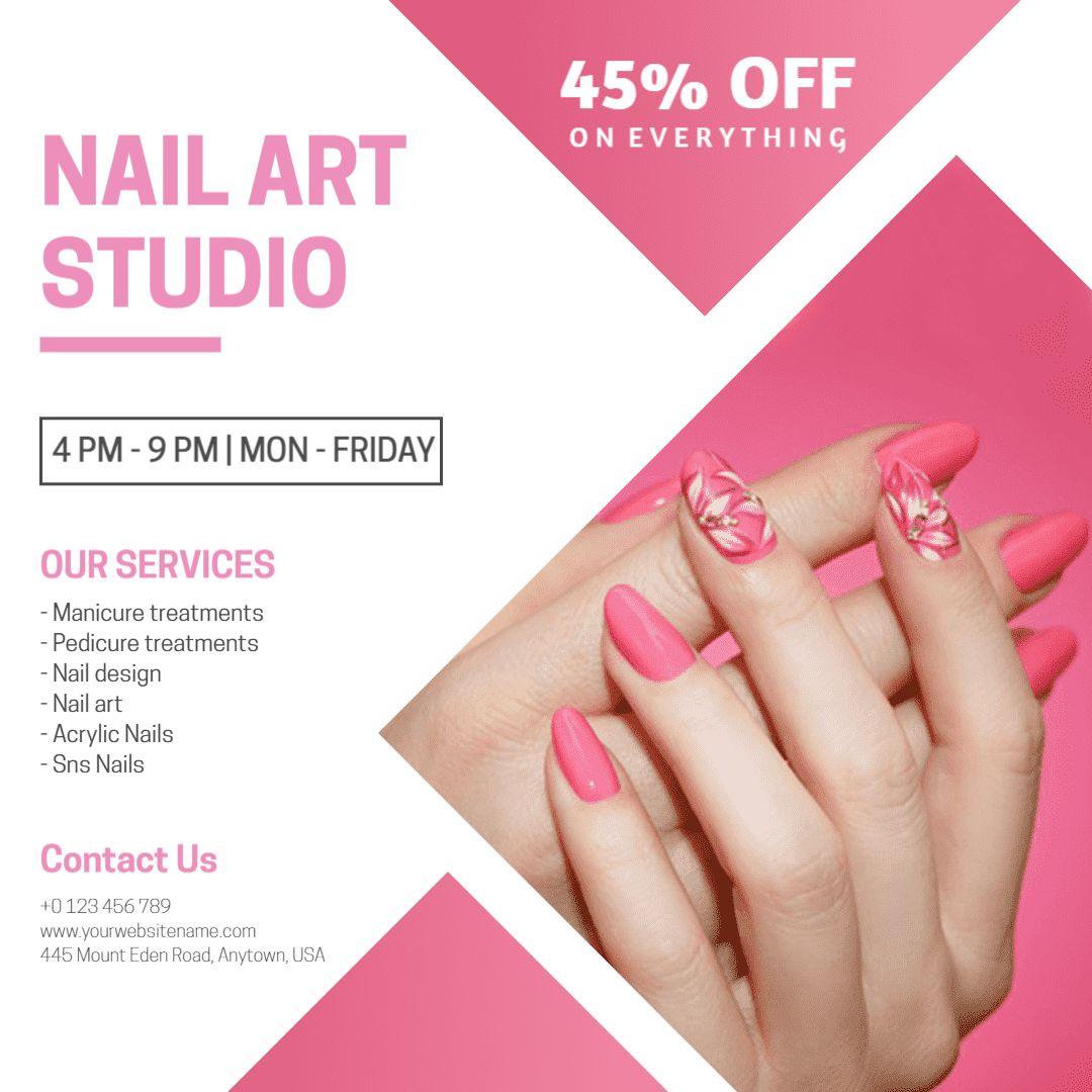 Vibrant Pink Nail Art Studio with 45% Off Promotion Ad Template