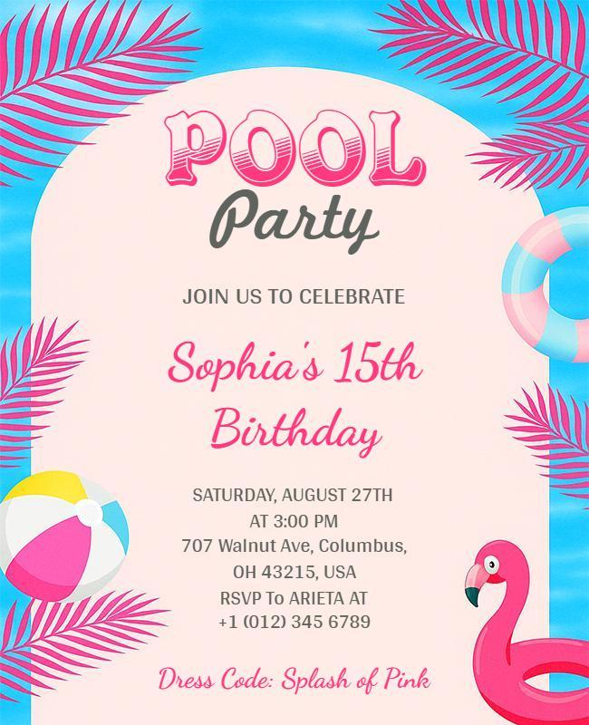 Vibrant Pink Pool Birthday Party Flyer Template