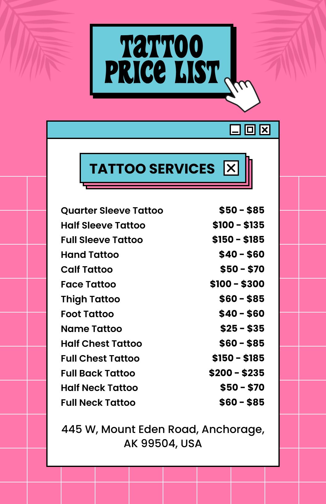 Vibrant Pink Tattoo Studio Service Price List Template