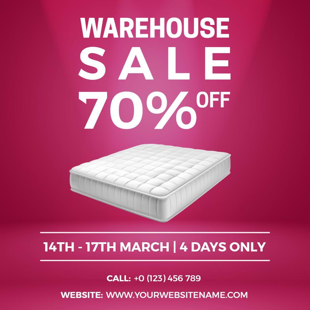 Vibrant Pink Warehouse Sale on Mattresses with 70% Discount Ad Template
