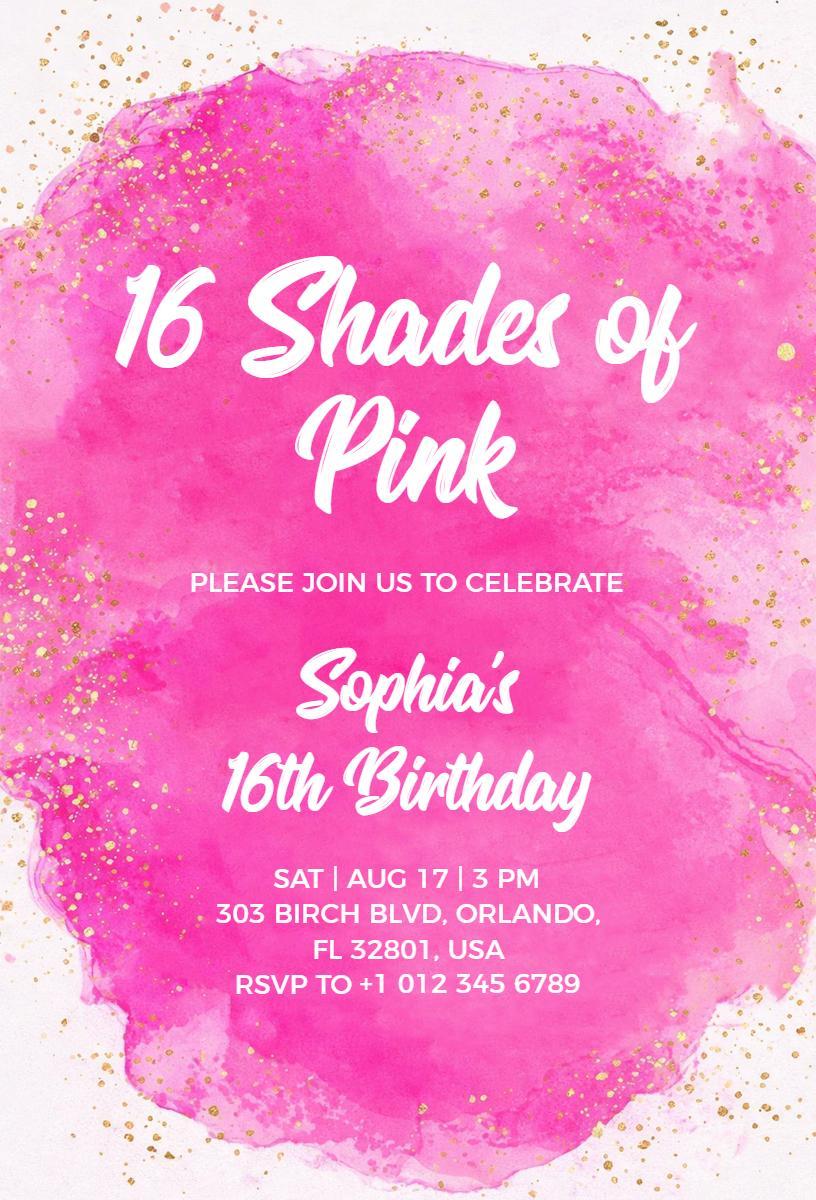 Vibrant Pink Watercolor Sweet 16 Birthday Celebration Invitation Template