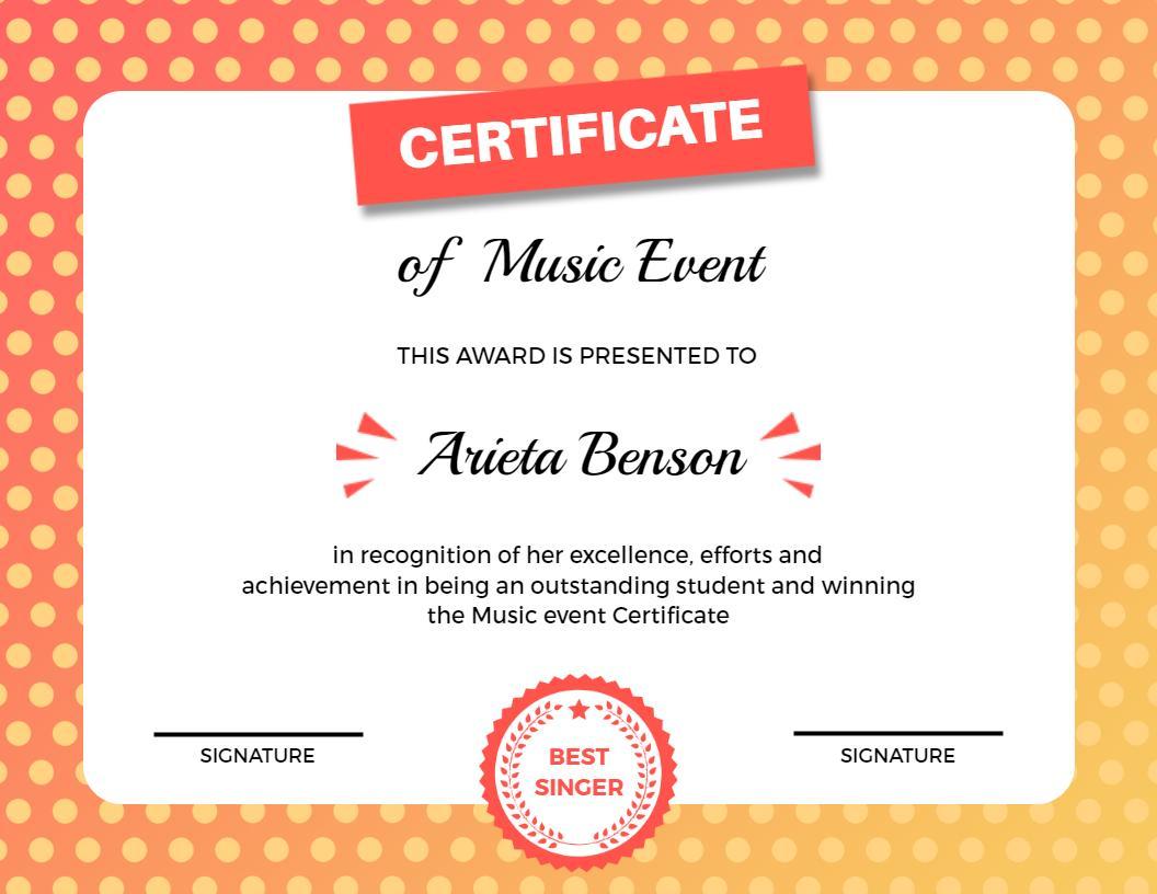 Vibrant Polka Dot Music Event Participation Certificate Template