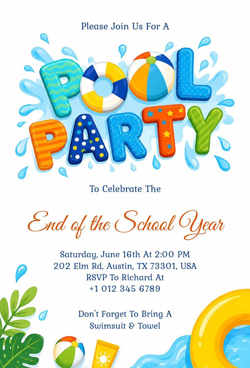 Vibrant Pool Party Celebration End of School Year Invitation Template