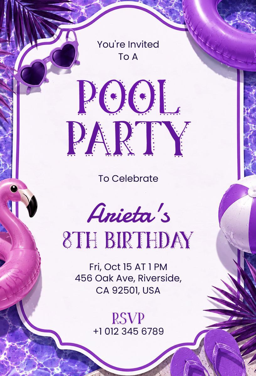 Vibrant Pool Party Fun 8th Birthday Celebration Invitation Template
