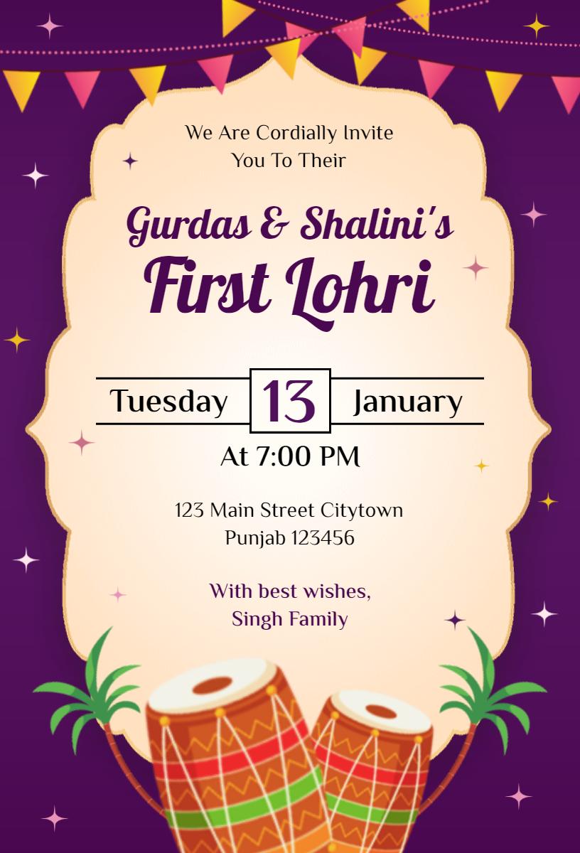 Vibrant Punjabi Cultural First Lohri Celebration Invitation Template