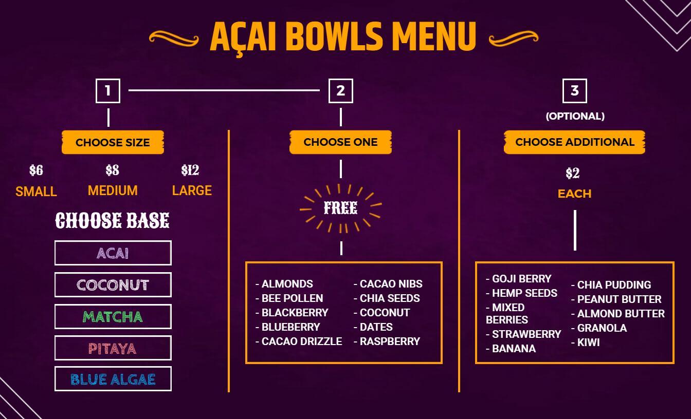 Vibrant Purple Açaí Bowl Selection with Add-Ons Menu Template