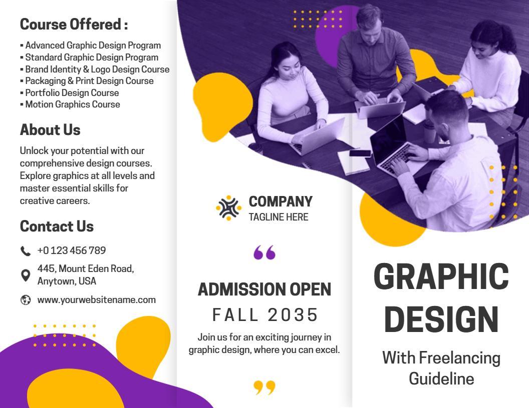 Vibrant Purple and Yellow Graphic Design Course Admission Brochure Template