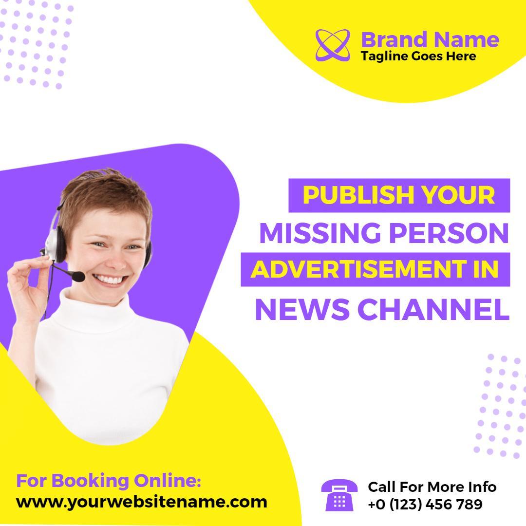 Vibrant Purple and Yellow Missing Person Advertisement in News Channel Ad Template