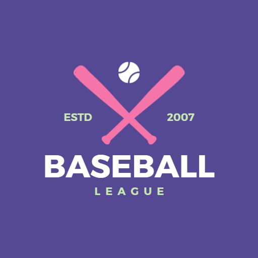 Vibrant Purple Baseball League Logo with Bat and Ball Design Logo Template