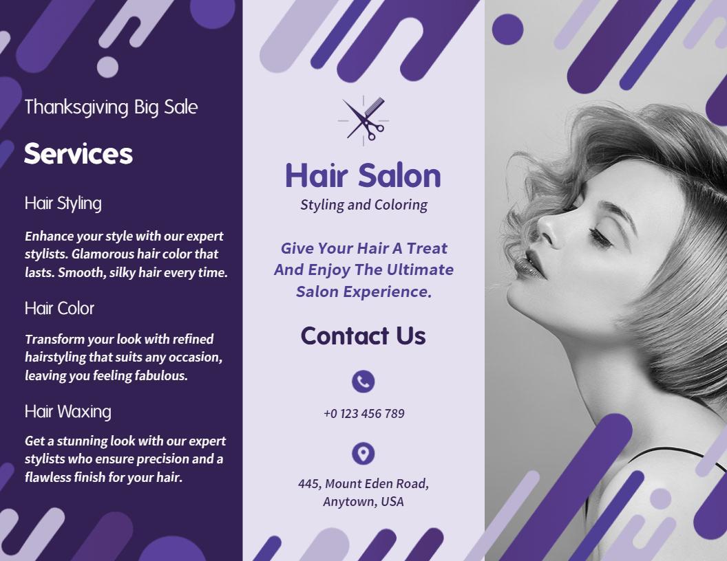 Vibrant Purple Beauty Salon Styling and Coloring Services Brochure Template