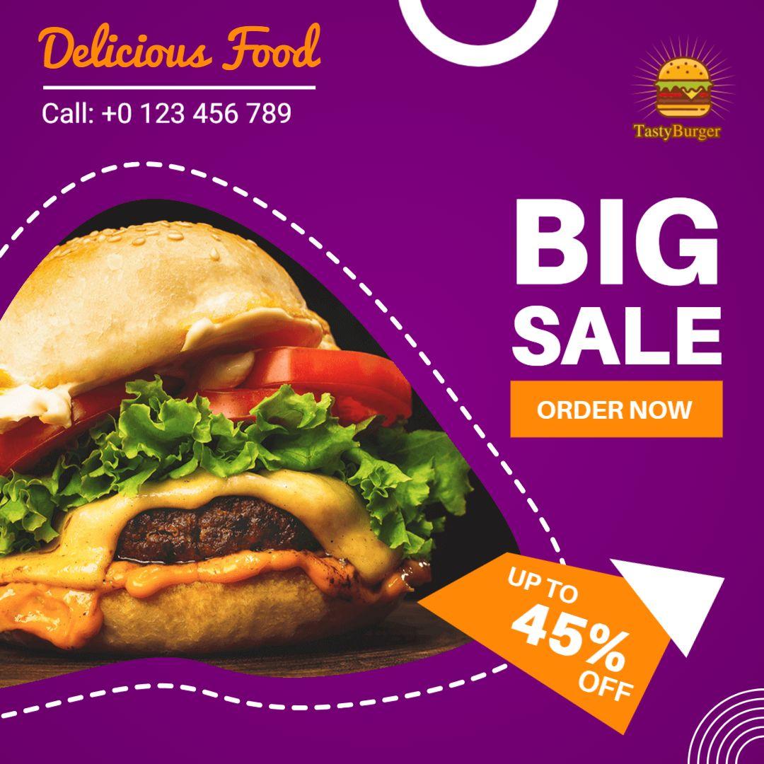 Vibrant Purple Burger Big Sale Promotion Ad Template