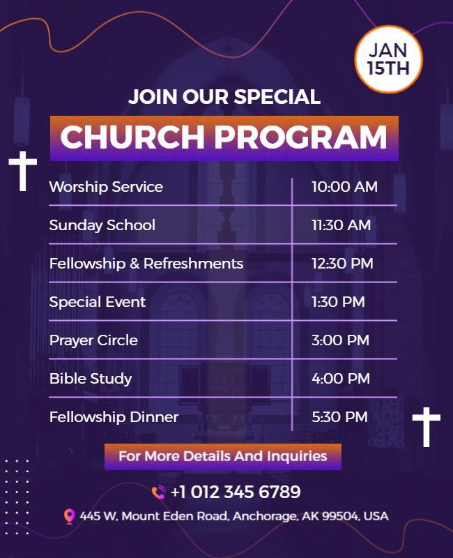 Vibrant Purple Church Program Schedule Poster Template