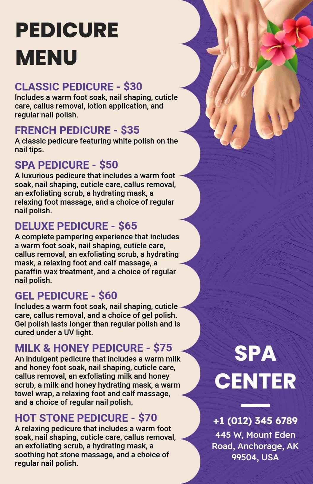Vibrant Purple Classic Pedicure Service List Menu Template