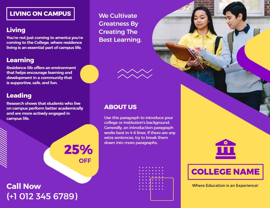 Vibrant Purple College Campus Living Experience Brochure Template