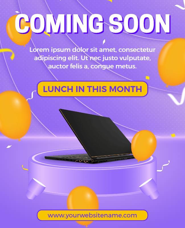 Vibrant Purple Coming Soon Laptop Launch Flyer Template