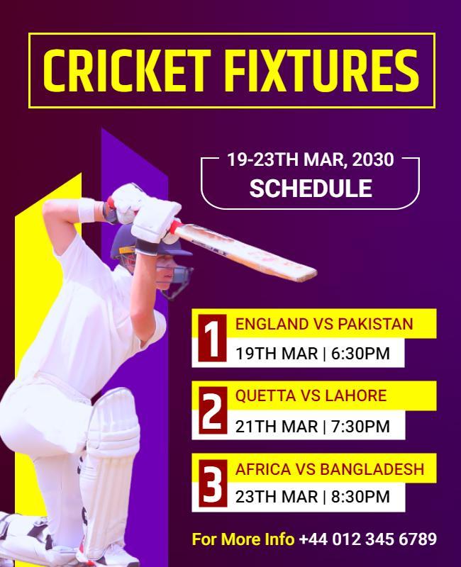 Vibrant Purple Cricket Fixtures Tournament Schedule Poster Template
