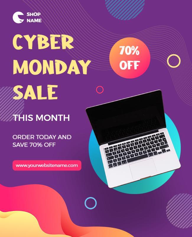 Vibrant Purple Cyber Monday Sale with 70% Off Flyer Template