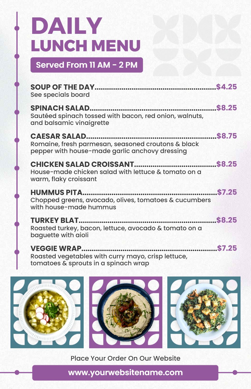 Vibrant Purple Daily Specials Lunch Menu Template