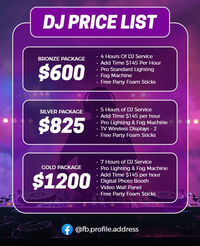 Vibrant Purple DJ Service Price List Poster Template