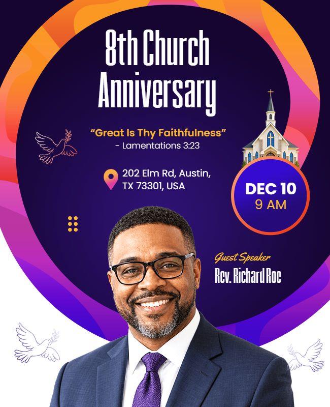 Vibrant Purple Elegant 8th Church Anniversary Celebration Flyer Template