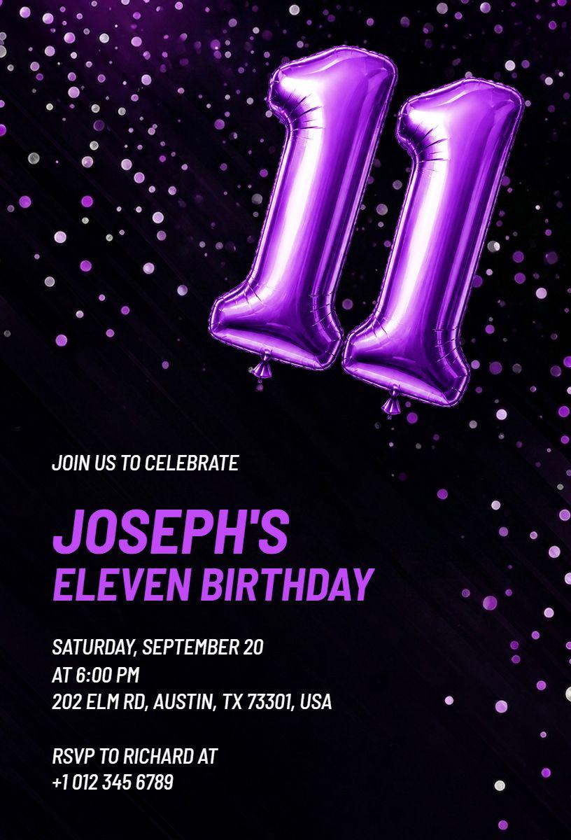 Vibrant Purple Eleven Year Birthday Celebration Invitation Template