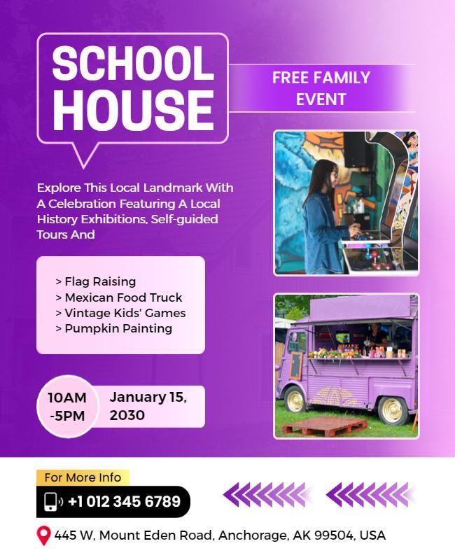 Vibrant Purple Family Event Celebration at School House Poster Template