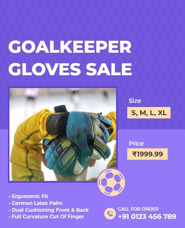 Vibrant Purple Goalkeeper Gloves Sale Promotional Poster Template