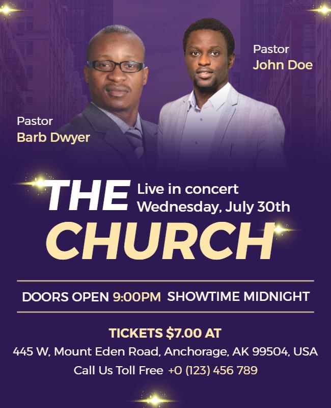Vibrant Purple Gospel Concert Featuring Pastors Poster Template