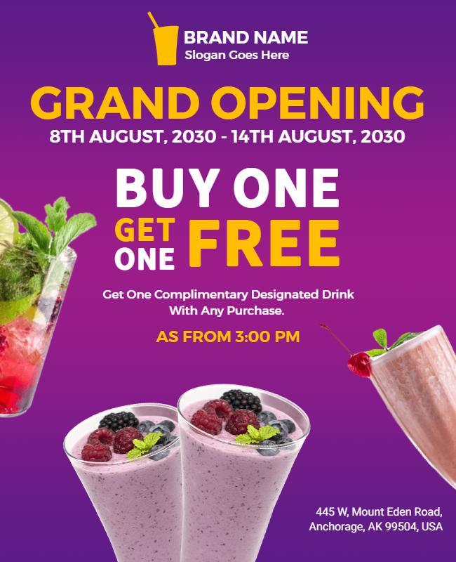 Vibrant Purple Grand Opening Drink Promotion Poster Template