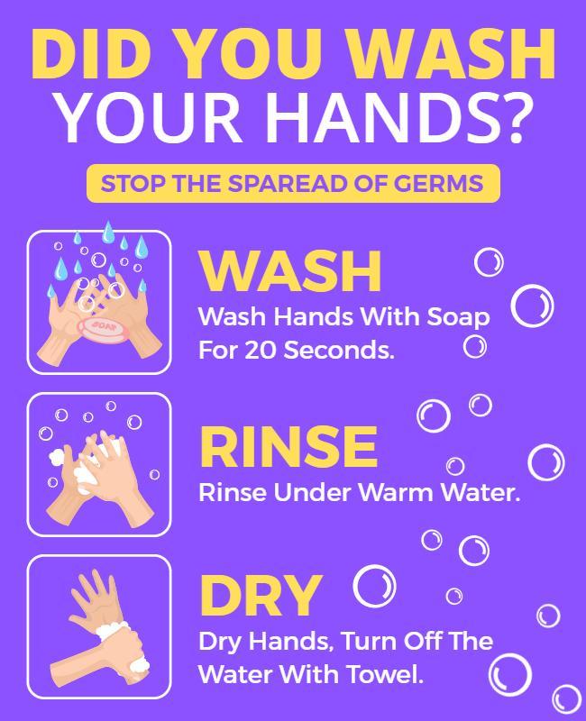 Vibrant Purple Hygiene Awareness Hand Washing Poster Template