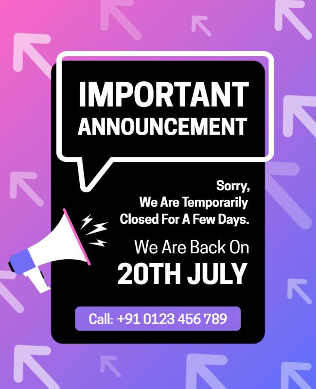 Vibrant Purple Important Announcement Temporary Closure Poster Template