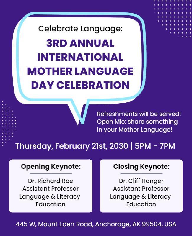 Vibrant Purple International Mother Language Day Celebration Poster Template