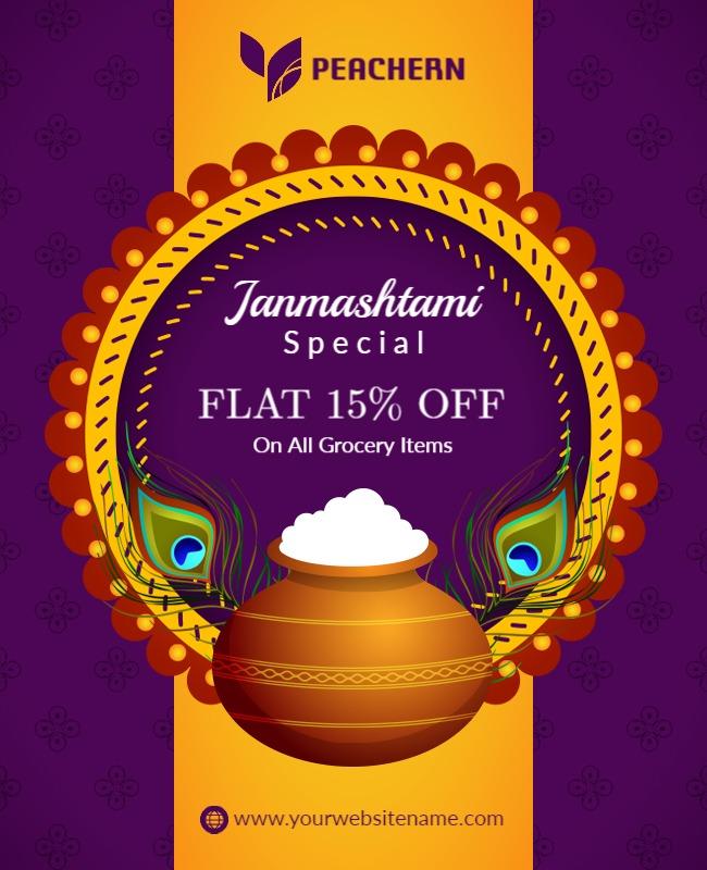 Vibrant Purple Janmashtami Festive Grocery Discount Poster Template