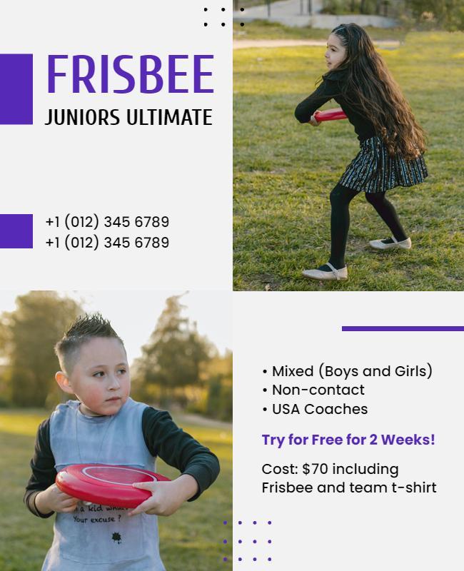 Vibrant Purple Juniors Ultimate Frisbee Training Poster Template