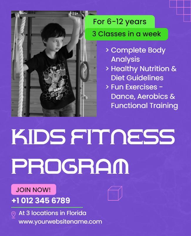 Vibrant Purple Kids Fitness Program Promotional Poster Template