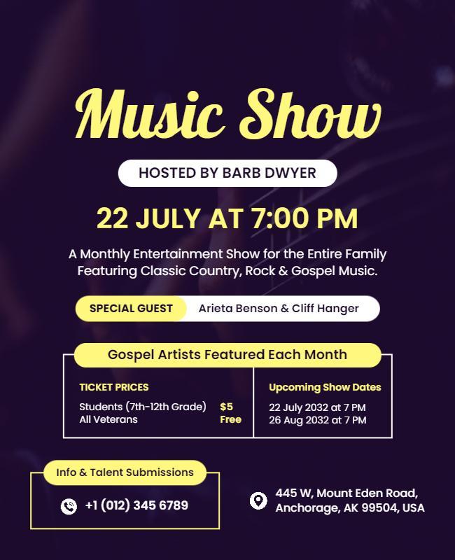 Vibrant Purple Music Show for Family Entertainment Poster Template