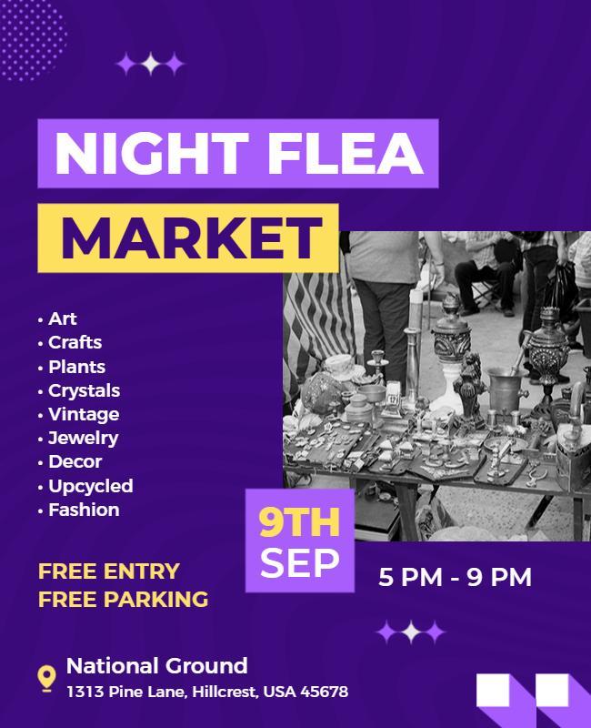 Vibrant Purple Night Flea Market Event Poster Template