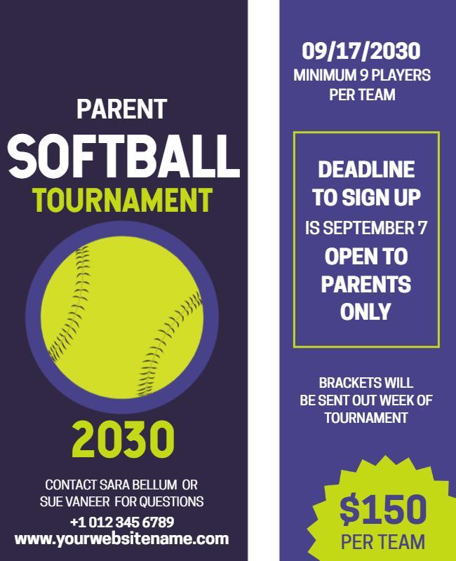 Vibrant Purple Parent Softball Tournament Announcement Poster Template