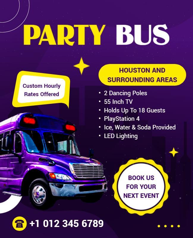 Vibrant Purple Party Bus Rental Event Poster Template