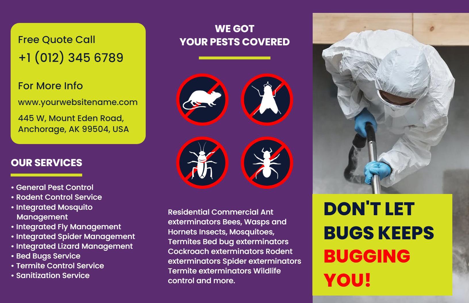 Vibrant Purple Pest Control Services and Management Brochure Template