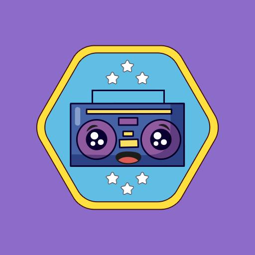 Vibrant Purple Retro Boombox with Stars and Playful Design Logo Template