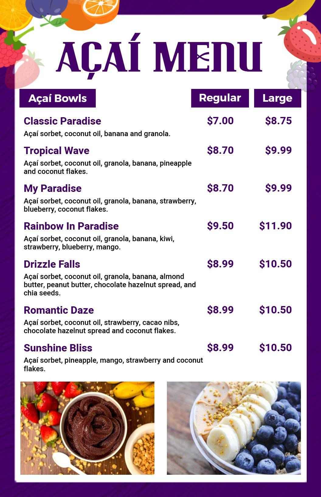 Vibrant Purple Tropical Açaí Bowls Menu Template